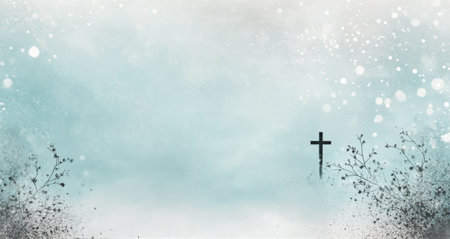 A serene light blue background features a small wooden cross and delicate dried flowers arranged on one side, creating a calming atmosphere for spiritual reflection or religious events.の素材