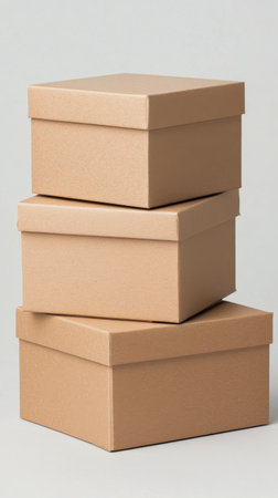 Three brown gift boxes are stacked neatly on a wooden surface beside a vase filled with delicate white flowers. The setting is bright and inviting, creating a cozy atmosphere.の素材