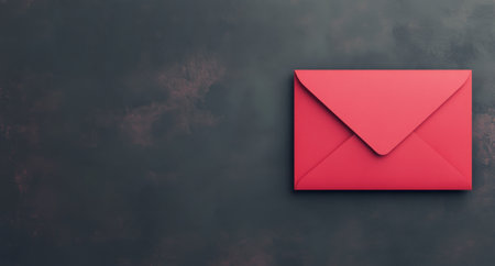 A bright red envelope rests on a dark textured surface, creating a vivid contrast. The envelopes pointed flap adds an element of intrigue, suggesting a hidden message inside.の素材