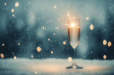 A fluted glass filled with sparkling drink is adorned with a sparkler, creating a festive atmosphere. The background features bokeh lights, enhancing the celebratory mood of the gathering.の素材