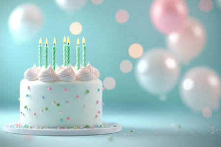 A light blue birthday cake adorned with green sprinkles and topped with five candles stands on a plate. Soft, blurred lights create a celebratory atmosphere.の素材