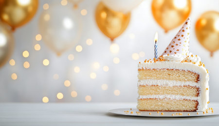 A beautifully decorated white cake sits on a plate, topped with frosting and a candle, surrounded by shimmering golden balloons celebrating a joyful occasion with sparkling lights.の素材