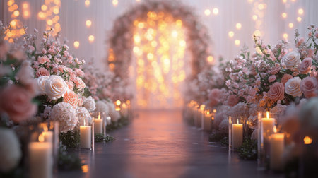 The wedding features a stunning floral arch adorned with pink roses. Candles line the pathway, creating a warm and romantic atmosphere for the ceremony. Soft lighting enhances the beauty.の素材