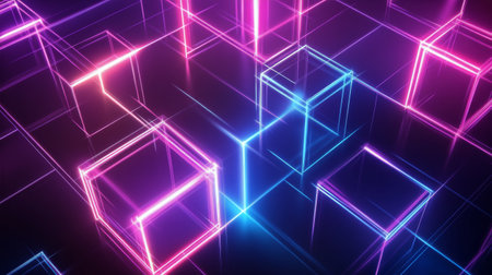 A vibrant display of glowing neon cubes in shades of pink and blue creates a dynamic atmosphere, resembling a digital landscape. The cubes are arranged in an abstract formation with reflections.の素材