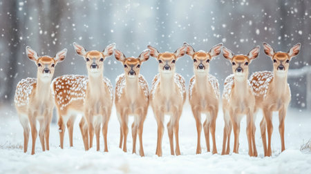 A group of seven white deer stands together in a snowy forest. Flurries of snow gently fall around them, creating a serene winter atmosphere. The tranquil scene highlights their elegant forms.の素材