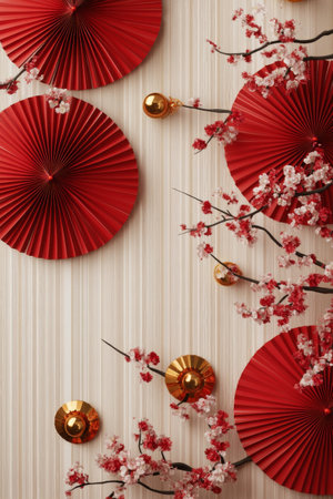 Red paper fans and golden ornaments are arranged elegantly on a textured background, surrounded by delicate pink blossoms. This setup creates a vibrant atmosphere for a festive occasion.の素材