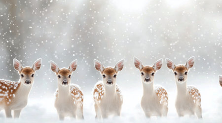 A group of four fawns stands together in a snowy environment, surrounded by softly falling snowflakes. Their spotted coats contrast with the white snow, creating a serene winter scene.の素材