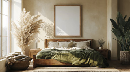 Bright sunlight filters through the window, casting soft shadows in a stylish bedroom adorned with greenery and warm tones.の素材
