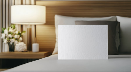 A blank white canvas rests on a freshly made bed, surrounded by a modern hotel rooms elegant decor, including a bedside lamp and a vase of flowers, allowing creativity to flourish.の素材