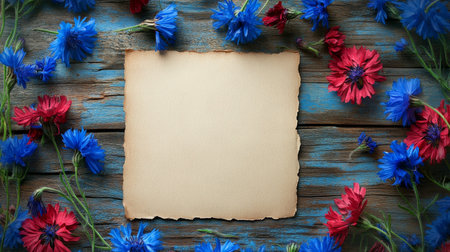 Bright red and blue wildflowers surround a weathered piece of paper, offering a natural border on a rustic wooden table. The vibrant colors contrast beautifully with the earthy tones of the wood.の素材