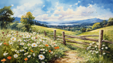 Colorful wildflowers line a winding path leading to a rustic wooden gate. A picturesque countryside stretches across the horizon, illuminated by a warm sun.の素材