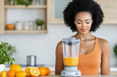 In a modern kitchen, a woman with curly hair stands by a blender filled with vibrant orange juice. Fresh oranges and lemons surround her, highlighting a healthy lifestyle.の素材