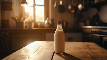 A glass bottle filled with white milk stands alone on a rustic wooden table.の素材