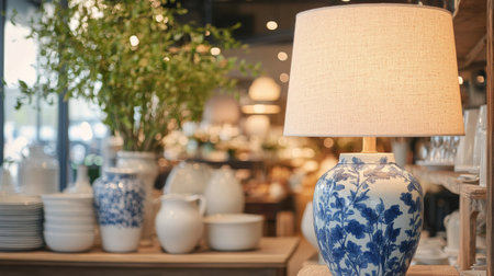 A porcelain lamp with floral design sits on a wooden table in a home decor store. Shelves filled with white china and greenery in the background create a warm atmosphere.の素材