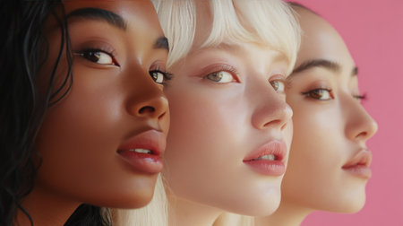 Three women stand side by side, each with distinct features and hairstyles. They showcase different skin tones and styles, emphasizing beauty diversity.の素材