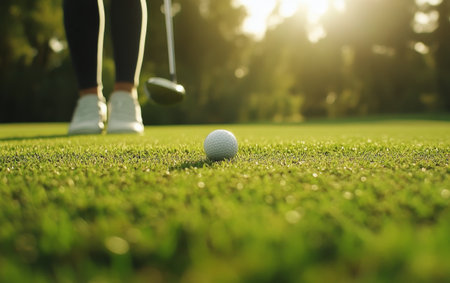 A golfer stands poised to putt a ball on the green as the sun sets in the background. The vibrant colors of the evening sky complement the peaceful golf course setting.の素材