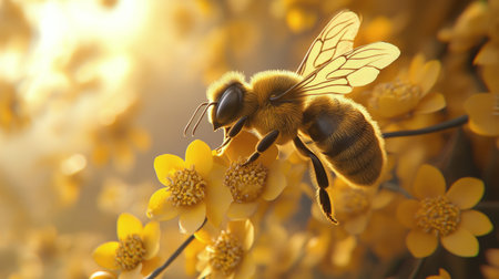 A bee diligently collects nectar from vibrant yellow flowers in a meadow bathed in golden sunlight. The scene captures the essence of spring and the importance of pollinators.の素材