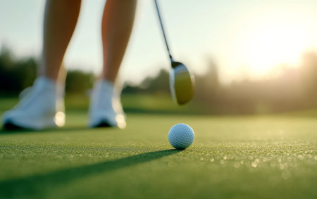 A golfer stands poised to putt a ball on the green as the sun sets in the background. The vibrant colors of the evening sky complement the peaceful golf course setting.の素材