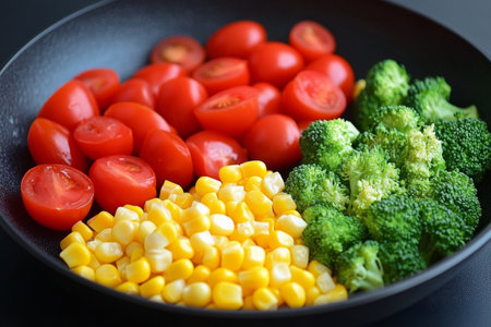 Fresh corn on the cob is arranged on a white plate alongside ripe cherry tomatoes and green broccoli. The vibrant colors suggest a healthy and appetizing meal option.の素材