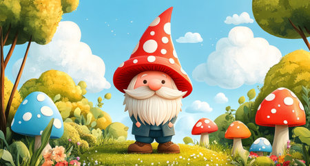 A cheerful gnome with a red hat and bright beard stands in a lush forest. Colorful mushrooms grow around him, while trees display vibrant autumn leaves under a blue sky with clouds.の素材
