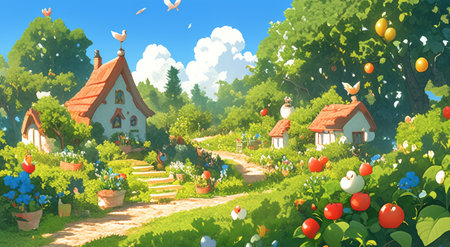 A girl in a white dress strolls through a vibrant countryside filled with colorful flowers and trees. Charming houses dot the landscape under a bright blue sky with fluffy clouds.の素材