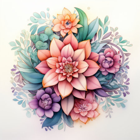 Brightly colored paper flowers in shades of purple, pink, and yellow are artistically arranged with green leaves and small berries. This floral composition adds a vibrant touch to any decor.の素材