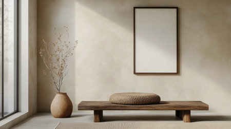 A minimalist interior showcases a wooden table with a round cushion and a vase containing dried flowers. Neutral tones create a serene atmosphere in the cozy space.の素材