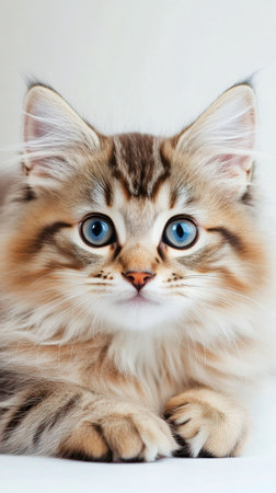 A fluffy cat lies comfortably on a soft surface, showing its striking blue eyes and detailed fur. The relaxed posture conveys a sense of peace and tranquility.の素材