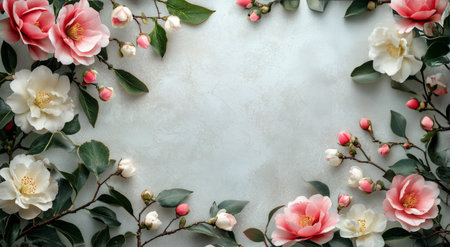 A beautiful display of white and pink flowers surrounded by green leaves creates a vibrant frame. The arrangement is set against a soft, neutral background, enhancing the floral colors.の素材