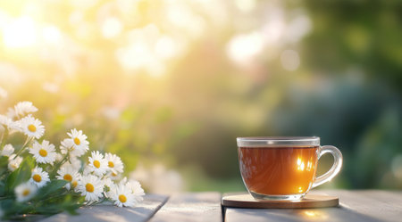 A clear cup filled with herbal tea sits on a wooden table surrounded by vibrant daisies. Sunlight filters through trees, creating a warm and calming atmosphere perfect for relaxation.の素材