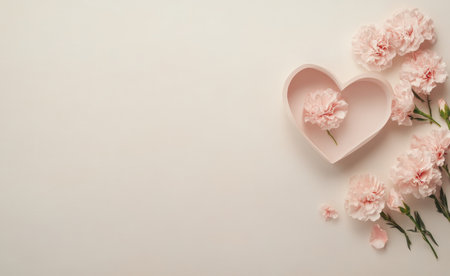 Delicate pink carnations are elegantly arranged inside a heart shaped container, set against a light neutral background with a soft and romantic aesthetic.の素材