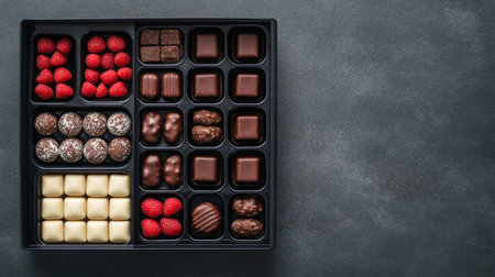 A carefully arranged selection of chocolates in various shapes and flavors features dark and white chocolates in a rectangular black box. Ideal for gifting or personal indulgence.の素材