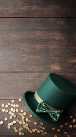 A green top hat with a gold band sits on a rustic wooden surface, surrounded by scattered gold coins, suggesting a festive atmosphere for celebrations or themed events.の素材