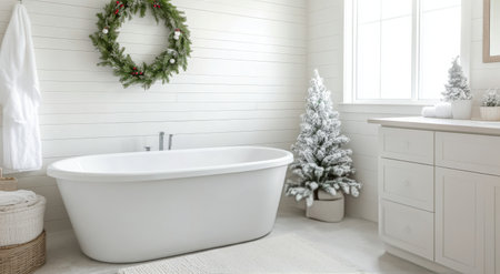 A cozy bathroom features a stylish white bathtub, adorned with a circular green wreath, next to a decorated Christmas tree beside a sink. Soft natural light adds warmth.の素材