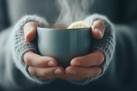 Hands wrapped in gray knitted gloves hold a steaming cup of tea with a slice of lemon. The scene evokes warmth and comfort during a chilly day.の素材