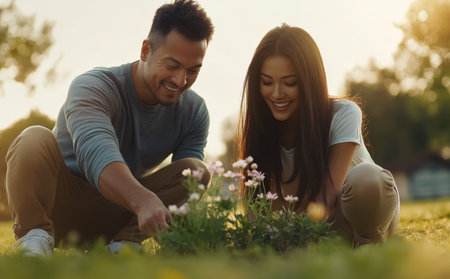 A cheerful couple is sitting on the grass in a park, surrounded by blooming flowers. They are smiling and working together to tend to the garden on a sunny afternoon.の素材