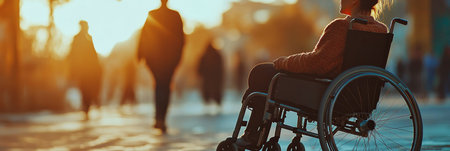A person in a wheelchair sits on a wide, sunny street as pedestrians walk by in the background. The warm light creates a serene atmosphere. Trees with autumn leaves enhance the setting.の素材