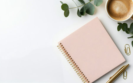 A pink notebook rests on a clean desk alongside a coffee cup and eucalyptus leaves. Paper clips and a gold pen add a touch of elegance to the organized workspace, creating a serene atmosphere.の素材