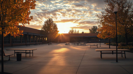 The plaza is bathed in warm colors as the sun sets, surrounded by trees dressed in autumn foliage. The sky features a stunning pattern of clouds reflecting the days end.の素材