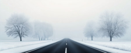 A long, empty road stretches through a winter landscape blanketed in snow and fog. Leafless trees line both sides, contributing to the tranquil and hushed mood of the scene.の素材