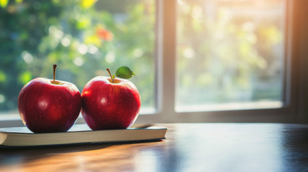 Two bright red apples with leaves sit on a wooden tray. The sun shines through the window, illuminating the scene and creating a warm atmosphere in a cozy kitchen.の素材