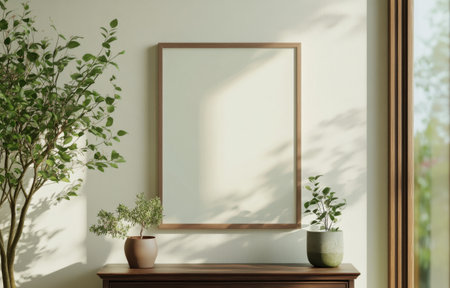 A bright room features a white chair beside a wooden stool. An empty frame hangs on the wall, complemented by lush greenery from houseplants.の素材