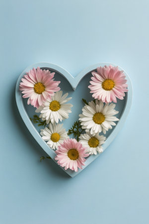 A heart shaped cutout sits on a blue background, surrounded by white daisies and scattered flower petals.の素材