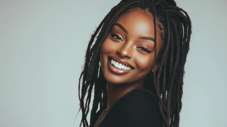 A confident woman with long dreadlocks smiles warmly while posing against a simple light background. Her joyful expression showcases her radiant personality and vibrant energy.の素材
