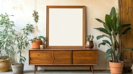 A cozy living room features a sleek wooden cabinet beneath a large empty frame, surrounded by vibrant greenery. Natural light flows through large windows, creating a warm atmosphere.の素材