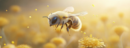 A busy bee hovers above bright yellow flowers in a sunny meadow, surrounded by a blur of pollen and a warm sunset glow in the background, showing natures beauty and activity.の素材