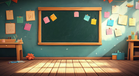 A vibrant classroom features a large chalkboard surrounded by colorful paper decorations. Brightly colored sticky notes and art supplies are organized, creating an inviting learning space.の素材