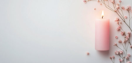 A lit candle sits next to delicate pink flowers on a soft surface, creating a serene ambiance perfect for relaxation or meditation. The gentle glow adds warmth to the space.の素材