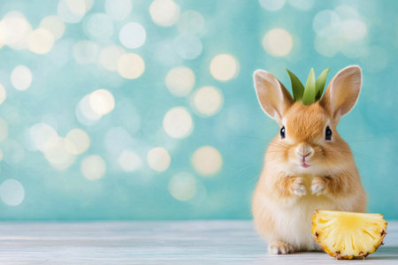 A ripe pineapple stands upright beside a freshly cut slice on a smooth surface. The backdrop features a gradient of pastel colors, creating a vibrant and cheerful atmosphere.の素材