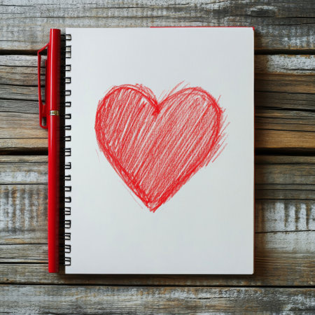 A red heart is sketched on a blank notebook page. Two colored pencils lie beside the notebook, indicating an artistic activity. The overall setting feels cozy and creative.の素材